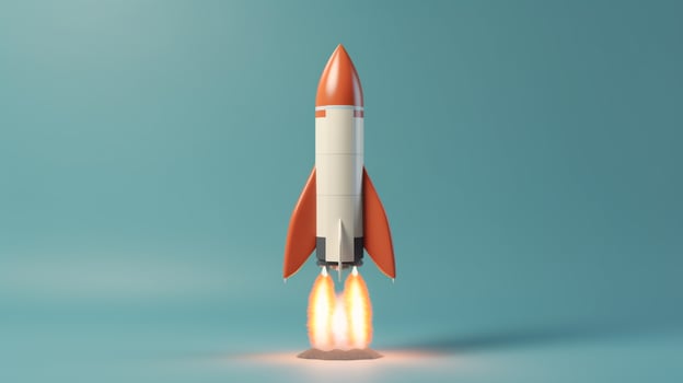 Rocket flying on a blue background. 3d render. Startup concept artwork photo