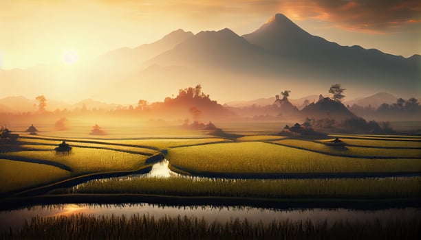 the beauty of the morning panorama with sunrise and rice fields. rice field in countryside. Beautiful gold color sunset at rice field. . photo