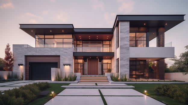 3d rendering of modern cozy house with garage for sale or rent with beautiful landscaping on background, real estate concept artwork photo