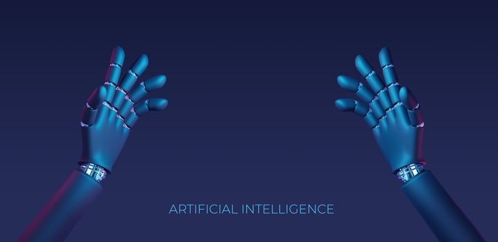 Artificial intelligence concept. Robot hand 3d render, Tech, connection between life and machine. photo
