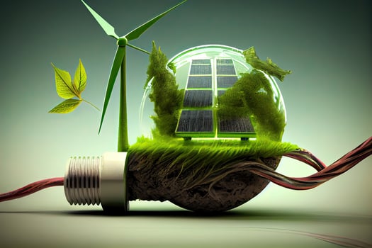 Environmental protection, renewable, sustainable energy sources. The green world map is on a light bulb that represents green energy Renewable energy that is important to the world. photo
