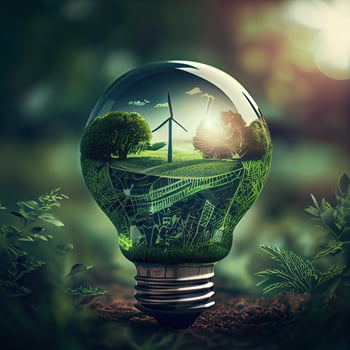 Environmental protection, renewable, sustainable energy sources. The green world map is on a light bulb that represents green energy Renewable energy that is important to the world. photo
