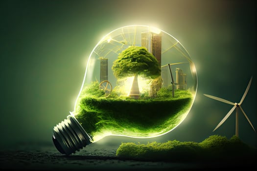 Environmental protection, renewable, sustainable energy sources. The green world map is on a light bulb that represents green energy Renewable energy that is important to the world. photo