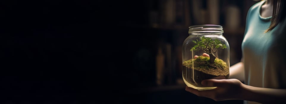 Woman holding an actual jar with a tree plant inside. Earth day concept. photo