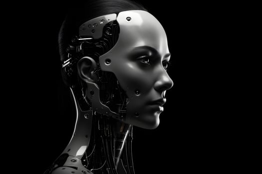 Closeup portrait of cybernetic artificial woman android robot photo