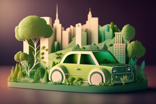 Eco friendly car with cityscape paper cut style, Renewable and sustainable energy concept. photo