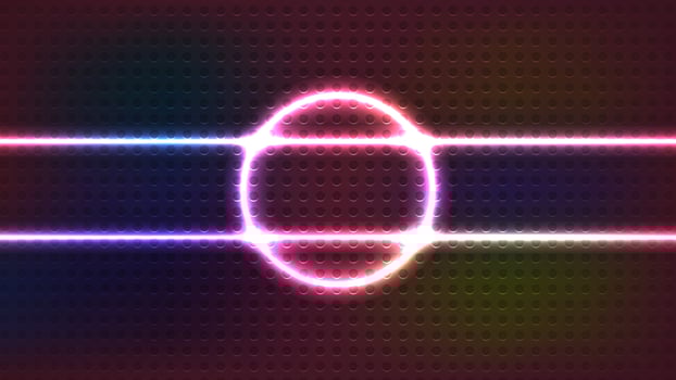 Photo abstract pathway with neon light circle reflecting, A bright neon circle in front. neon lights background theme.