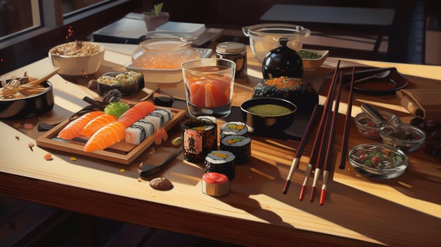 table full of sushi and chopsticks photo