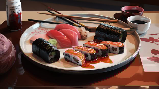 table full of sushi and chopsticks photo