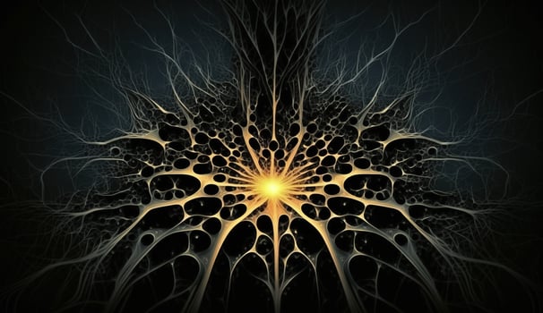 , Conceptual illustration of neuron cells with glowing link knots in abstract dark space, high resolution. Human nervous system, neural network photo