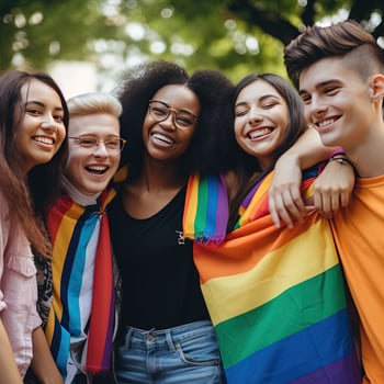 Diverse young friends celebrating gay pride festival LGBTQ. photo