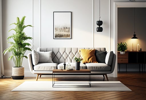 Interior of modern living room with sofa, coffee table, bookshelf, 3d render photo