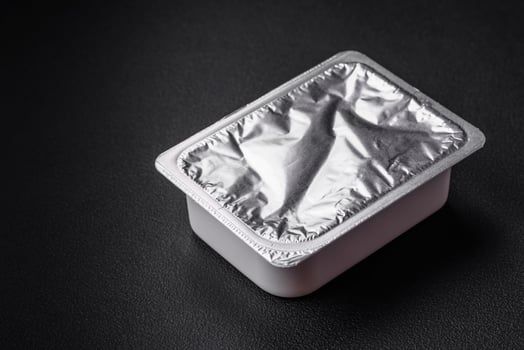 Rectangular plastic box with yogurt or cheese hermetically sealed with a foil lid photo