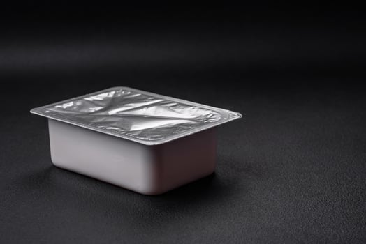Rectangular plastic box with yogurt or cheese hermetically sealed with a foil lid photo