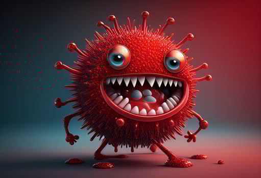 Red cartoon virus character with eyes and mouth. 3d illustration. photo