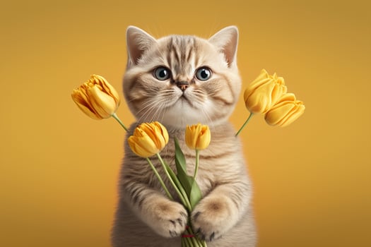 Cute kitten with a bouquet of yellow tulips on a green background. photo