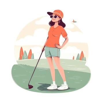 Girl golfer playing a green background, cartoon illustration with photo