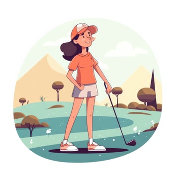 Girl golfer playing a green background, cartoon illustration with photo
