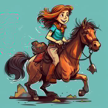 A girl riding on a horse, cartoon illustration with photo