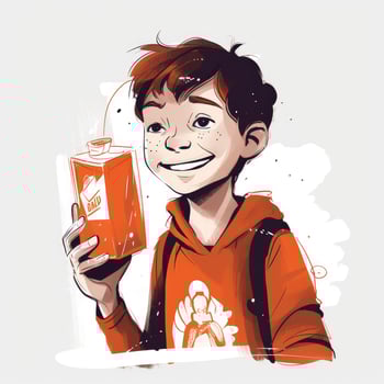 Young boy drinking milk, cartoon illustration with photo