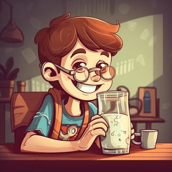 Young boy drinking milk, cartoon illustration with photo