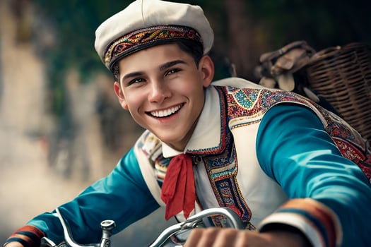 Latino American teenager in national dress. Portrait of a smiling boy riding a bicycle. photo