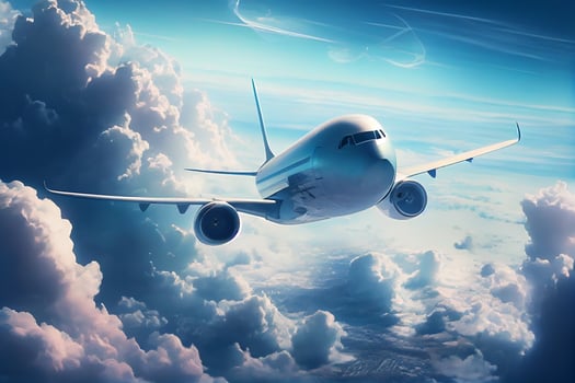A white plane in flight over the clouds. photo
