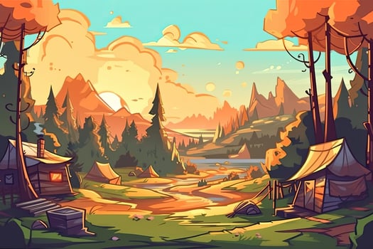 Summer forest or mountain tourist campground or campsite with tents and fireplace, flat cartoon vector illustration. Summer backpackers camping background. . photo