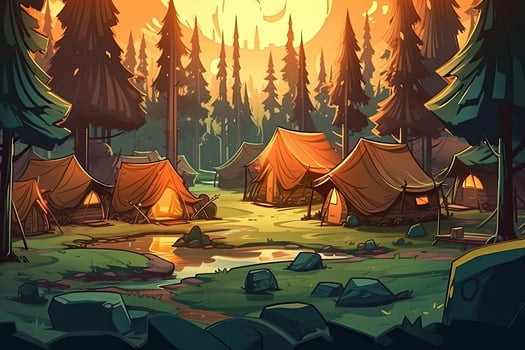 Summer forest or mountain tourist campground or campsite with tents and fireplace, flat cartoon vector illustration. Summer backpackers camping background. . photo
