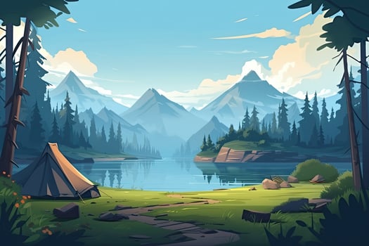 Summer forest or mountain tourist campground or campsite with tents and fireplace, flat cartoon vector illustration. Summer backpackers camping background. . photo