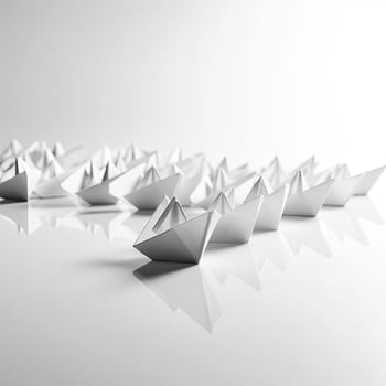 paper boat leading group of white paper boates - 3D illustration. photo