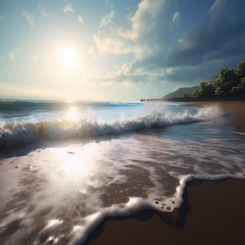 close-up shot of Beautiful sea waves. Beach sand and amazing sea. Summer sunset seascape. Soft sunlight, clear sky, waves and water splashes. photo
