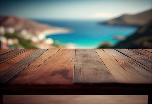 Brown wooden table, beautiful wood texture, and pattern with blurred tropical natural landscape, mountain. . photo