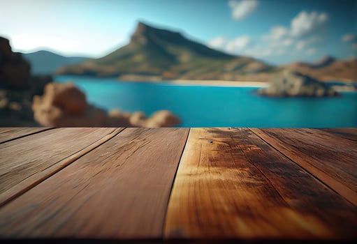 Brown wooden table, beautiful wood texture, and pattern with blurred tropical natural landscape, mountain. . photo