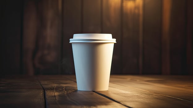 Paper Cup of coffee on wooden wall background. photo