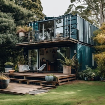 Modern metal building made from shipping containers and in forest and blue sky background. container house design in forest. photo