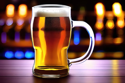 Beer in a glass mug with blur bar background, photo