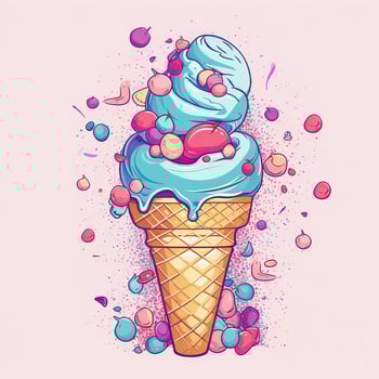Melting ice cream balls in the waffle cone. Vector flat outline icon. Comic character in cartoon style illustration for t shirt design. . photo