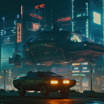 Futuristic transport vehicle with cyber punk city. . photo