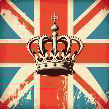 UK Royal Crown on Great Britain flag background, poster in retro style of the 70s. photo