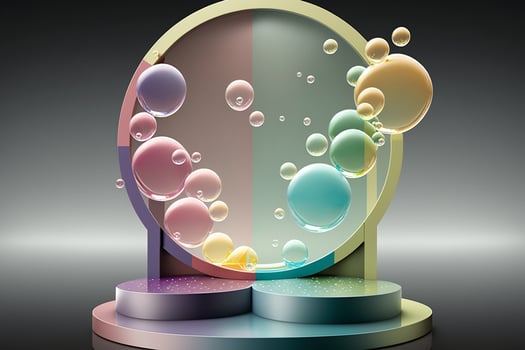 Illustrations. Colored soap bubbles on stage colorful podium decoration, pastel color, mock up product display. Abstract transparent bubbles. photo
