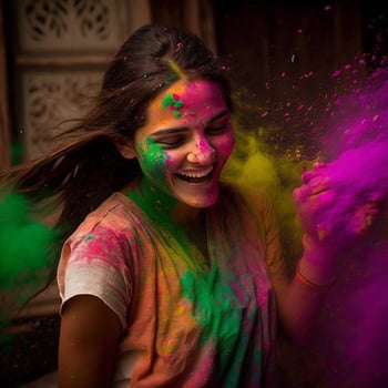 Portrait of happy Indian woman celebrating Holi with powder colours or gulal. Concept of Indian festival Holi created using photo