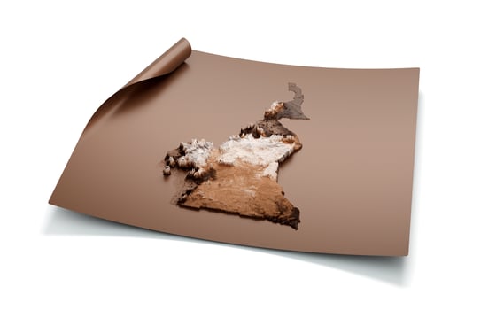 Map Of Cameroon Old Style Brown On Unrolled Map Paper Sheet On White Background, 3d illustration photo