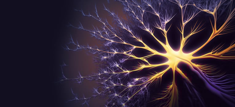 , Conceptual illustration of neuron cells with glowing link knots in abstract dark space, high resolution. Human nervous system, neural network photo
