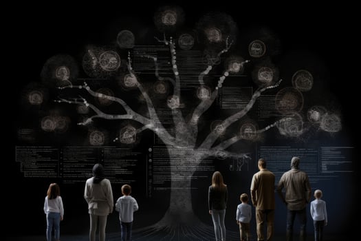 Family tree with portraits of relatives. Genealogy concept. photo
