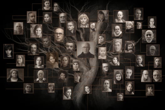 Family tree with portraits of relatives. Genealogy concept. photo