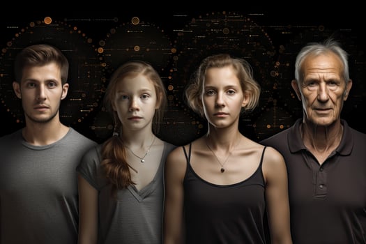 Different generations of family stand together against dark abstract background. photo