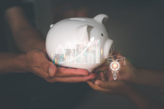 family plan scholarship for child education concept, saving and investment, saving for a child, education, bursaries, money cost for education. photo