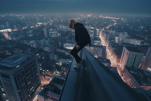 A woman standing on a ledge on a city building photo