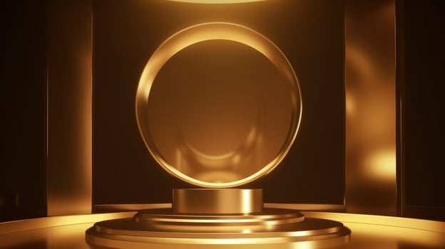 Golden podium with round frame on black background. Award ceremony concept. 3D rendering photo